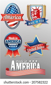 made in usa labels with bold eagle, liberty statue and american flag