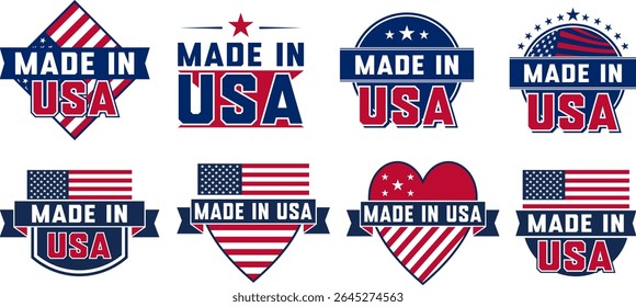 Made in USA Labels Set – made in the USA logo, USA flag,  American Product Label, Logo, Emblem, American Product Emblem for Business, and Seal Vector