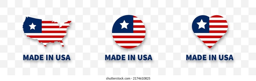 Made in USA labels set. Vector isolated element. American emblem on transparent background. EPS 10.