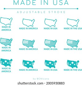 Made In USA Line Icon Set. Made in America Outline Symbols. American Made Badges. 