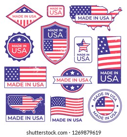 Made in usa logo. American proud patriot tag, manufacturing for usa label stamp and united states of america patriotic flag. Us original american manufacturings badge vector isolated icons set
