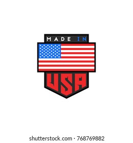 Made in USA logo design. American quality patriotic emblem. United States of America flag. National product guarantee slogan t-shirt print or sticker design element