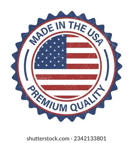 Hergestellt in USA Logo, Stempel, Made in the USA Label, Premium Quality Badge, Original Product by United States, National Flag Vector, mit Grunge Texture Vector Illustration