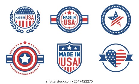Logos hechos en USA. Varios emblemas que indican el origen americano de los productos