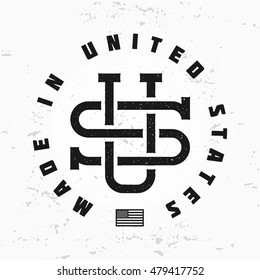 Made in USA monogram vector. Vintage America logo design on grunge background. Retro United States seal. US label illustration. Hipster t-shirt graphic.