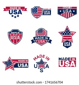 Made in USA patriotic stamps set. Retro seals with American flag stars and stripes patterns, heraldic badges and ribbons. Flat vector illustrations for labels and logos design, marketing concept