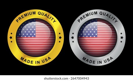 made in usa premium quality badge labels with american flag gold and silver circle design on black background	
