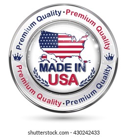 Made in USA, Premium Quality elegant button / label / stamp. Contains the map and the flag of the United States of America.