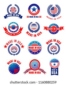 Made in USA premium quality icons, labels and ribbons. Vector isolated set of product tags for American original warranty of America flag stars and stripes in laurel wreath