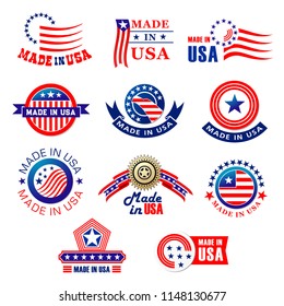 Made in USA premium quality product tags set. Vector badge made in America with American flag stripes and stars on red ribbon for best quality production label or industrial company