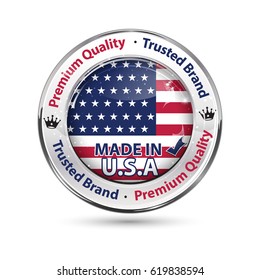 Made in USA, Premium Quality, trusted brand - business commerce shiny icon with the American flag on the background. Suitable for retail industry.