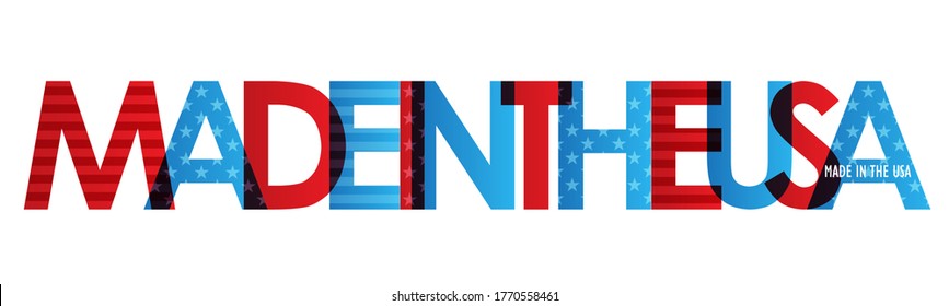 MADE IN THE USA red and blue vector typography banner with stars and stripes