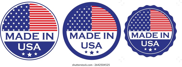 made in usa round badges with american flag design in red white and blue for origin or quality label	
