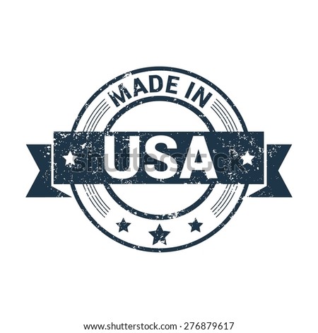 Made in USA . Round blue grunge rubber stamp design isolated on white background. With vintage texture.