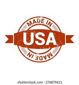 Made in USA . Round red grunge rubber stamp design isolated on white background. With vintage texture.