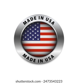 Hergestellt in USA abgerundete Vektorgrafik Symbol. Made in USA Flaggenlogo. Englischer brander Aufkleber aus USA Vektorgrafik Stempel. Vektorillustration