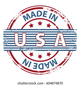 Made in the USA rubber stamp with blue stripes icon isolated on white background. Manufactured or Produced in United States of America. Vector illustration