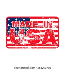 MADE IN USA Rubber Stamp on the flag of USA,  isolated on white background.