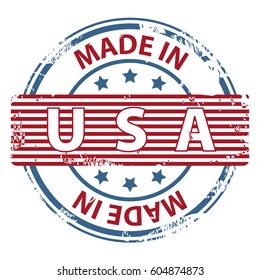 Made in the USA rubber stamp with red stripes icon isolated on white background. Manufactured or Produced in United States of America. Vector illustration