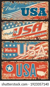 Made in USA rusty metal plates, old retro signboards with United States of America national flag stripes and stars, patriotic and nation proud inscriptions typography, rust texture frame vector