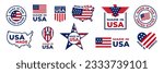 Made in usa seal badges. American labels. American quality product. Patriotic logo or stamp. Tags with flag of america. 