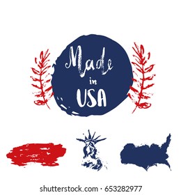 Made in USA set of grunge hand drawn labels with country map and statue of liberty