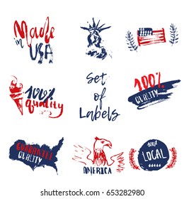 Made In USA Set Of Grunge Hand Drawn Labels With American Flag, Statue Of Liberty