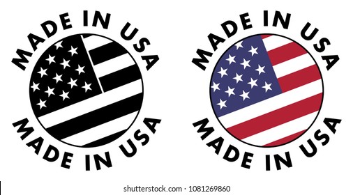 Made in USA sign. Red stripes, white stripes and stars on blue field, clipped to circle with text around. Black & white / color version. 