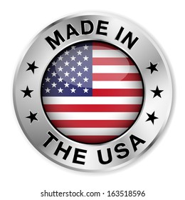 Made in The USA silver badge and icon with central glossy United States Of America flag symbol and stars. Vector EPS10 illustration isolated on white background.