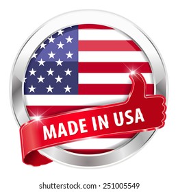 made in usa silver badge thumbs up button on white background - vector eps10