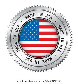 Made in The USA silver badge with United States Of America flag symbol in the center. Vector illustration isolated on white background.