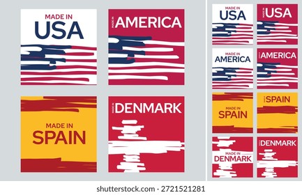 Feito nos EUA, Espanha e Dinamarca etiquetas com bandeira pintada listras design plano