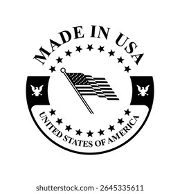 made in usa stamp circle vector design logo with waving flag in the middle with black and white color	