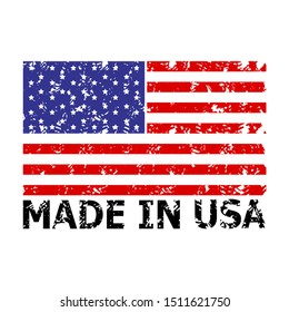 Made in USA stamp with colorful americans flag. Manufacturer rubber stamp united states, product patriotic, retail rubber seal from usa. Vector illustration