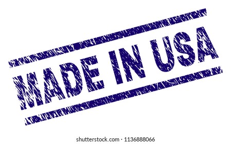 MADE IN USA stamp seal watermark with scratced style. Blue vector rubber print of MADE IN USA tag with unclean texture. Text tag is placed between parallel lines.