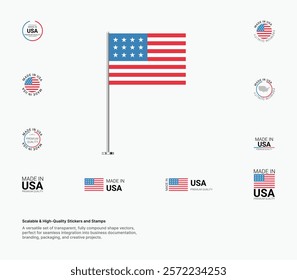 Made in USA Stamps, Flag, Tags, labels, Seals, Icons. Creative Designs for Branding and Packaging