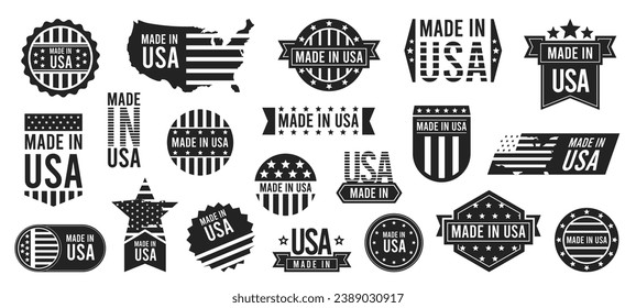 Made in USA stapms black color. Retro american flag stamp with text. Logo with text and seal. Label design vector set of stamp usa and american label illustration