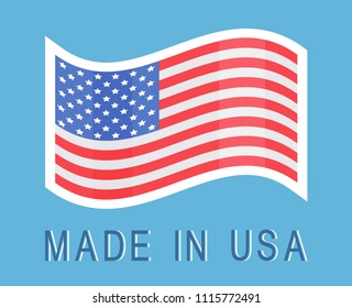 Made in USA sticker with American waving flag icon, patriotic symbol, production in America concept label vector illustration isolated on blue backdrop