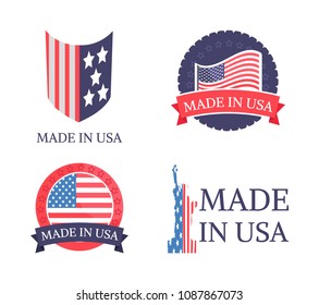 Made in USA sticker collection with US flag, Statue of Liberty symbol round button, headlines and ribbons vector illustration isolated on white