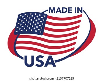 Made in USA sticker for products labeling - pointing to country of origin. Badge with Amerian flag