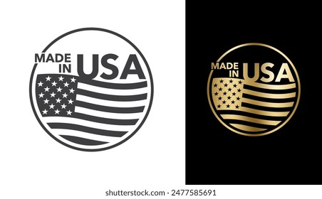 Made in the USA sticker for products labeling - pointing to country of origin. Badge with American flag, flat monochrome label