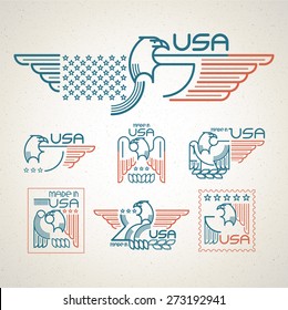 Made In The USA Symbol With  American Flag And Eagle Set Of Templates Emblems. Vector Illustration EPS 10