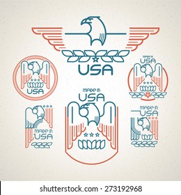 Made In The USA Symbol With  American Flag And Eagle Set Of Templates Emblems. Vector Illustration EPS 10