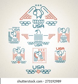 Made in the USA Symbol with  American flag and eagle Set of templates emblems. Vector illustration EPS 10