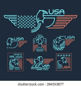 Made In The USA Symbol With  American Flag And Eagle Set Of Templates Emblems. Vector Illustration EPS 10