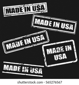 made in USA text rubber seal stamp watermark. Caption inside rounded rectangular banner with grunge design and dirty texture. Slanted vector ink sticker on paper background.