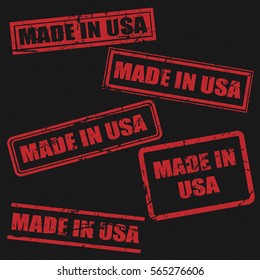made in USA text rubber seal stamp watermark. Caption inside rounded rectangular banner with grunge design and dirty texture. Slanted vector ink sticker on paper background.