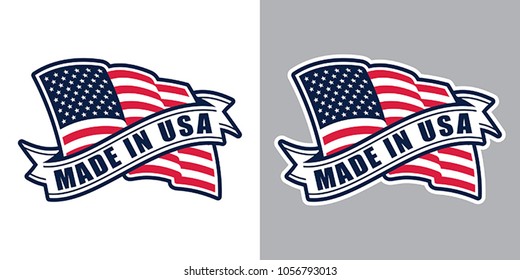 Made in USA (United States of America). Composition with American flag and ribbon for badge, label, pin, etc. Variants for light and dark backgrounds.