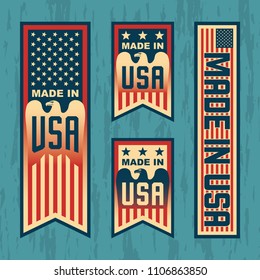 Made in USA (United States of America). Set of compositions with American flag for label, badge, banner, pin, etc.