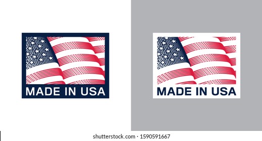 Made in USA (United States of America). Composition with American flag for label, sticker, pin, etc. Variants for light and dark backgrounds.